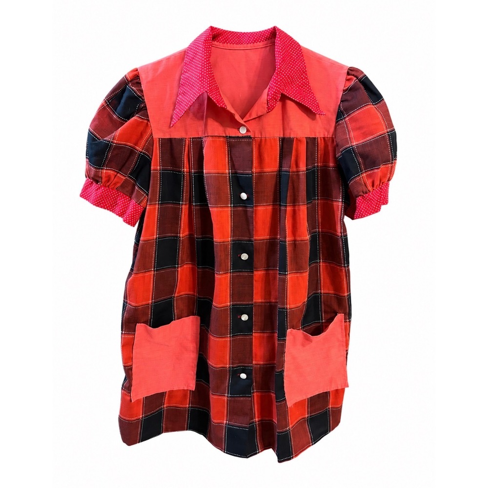 Vintage Handmade Red Plaid House Dress Apron Dress Puff Sleeve Button Front Lg